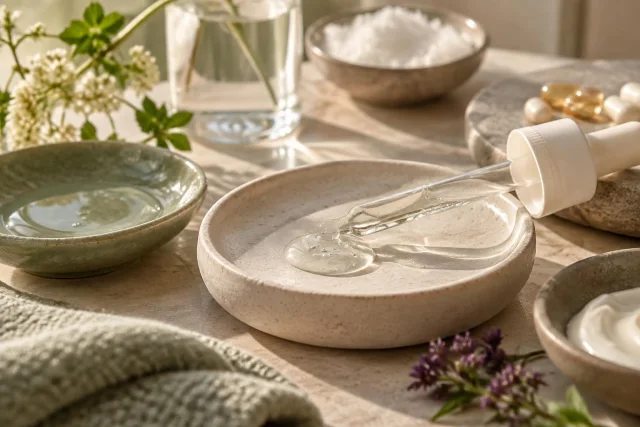 Ilustración conceptual de suero transparente con cuentagotas sobre plato beige, rodeado de crema, cápsulas, flores y pequeños cuencos, todo en ambiente cálido y natural.