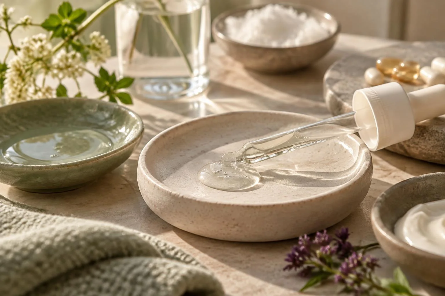 Konzeptuelle Abbildung eines klaren Serums mit Pipette auf einem beigen Teller, umgeben von Creme, Kapseln, Blumen und kleinen Schälchen in einer warmen natürlichen Umgebung.