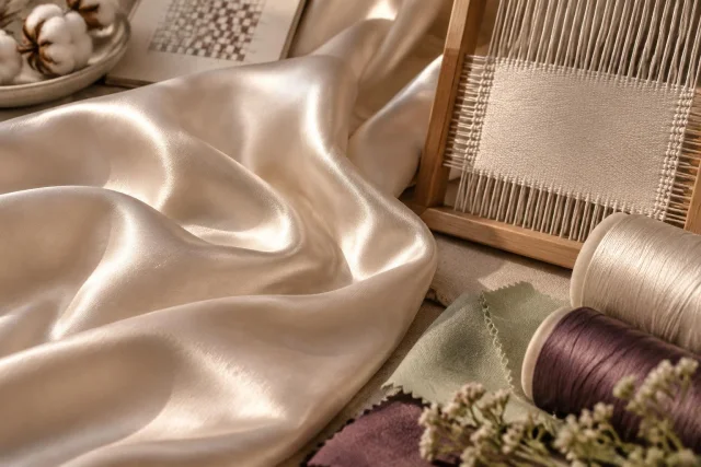 Konzeptuelle Darstellung eines glänzenden Satin-Stoffs mit Webproben, Garnen und Baumwollkapseln zur Veranschaulichung der Satinbindung.