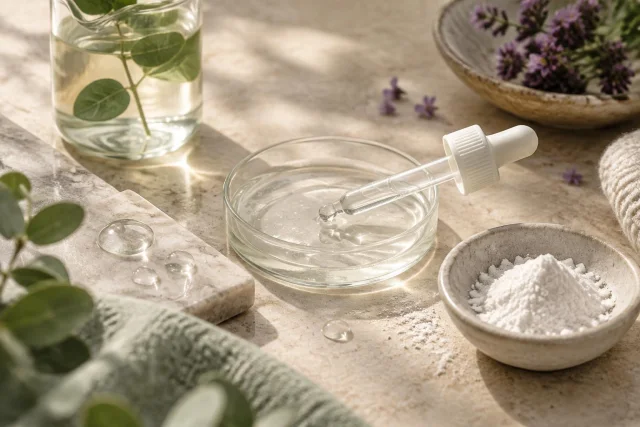Ilustración conceptual de un gotero con líquido transparente en un plato de cristal, polvo blanco en un pequeño bol, hojas verdes en un vaso con agua, y flores moradas sobre una mesa clara.