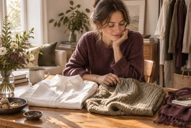 Imagen conceptual de una mujer mirando una camisa blanca de popelín y una prenda de punto marrón sobre una mesa de madera en un ambiente acogedor.