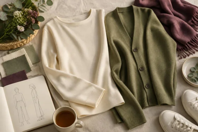 Ilustración conceptual de prendas de punto interlock: un suéter crema y un cárdigan verde con botones, acompañados de muestras de tela, un cuaderno de bocetos de moda, un platillo con hojas, una taza de té y unos zapatos blancos.