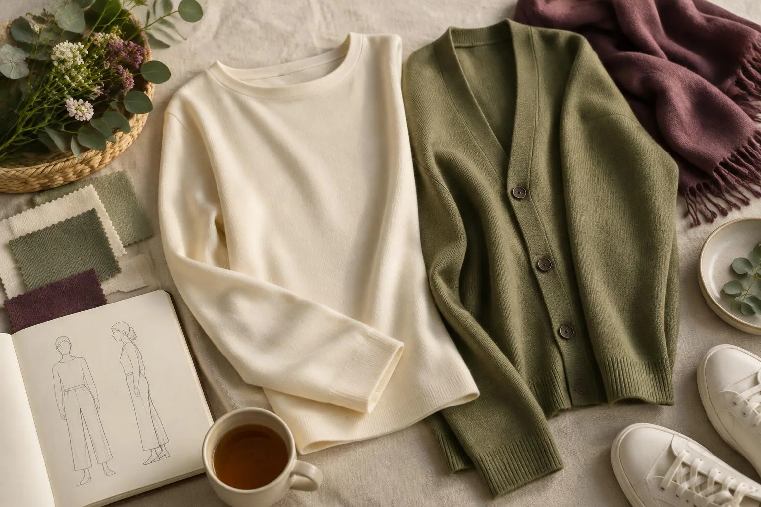 Illustrazione concettuale di capi in maglia interlock: un maglione crema e un cardigan verde con bottoni, insieme a campioni di tessuto, un taccuino di schizzi di moda, un piatto con foglie, una tazza di tè e scarpe bianche.