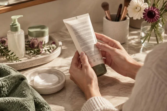 Ilustración conceptual de una persona leyendo la etiqueta de un tubo cosmético en un tocador con productos cosméticos y pinceles de maquillaje.