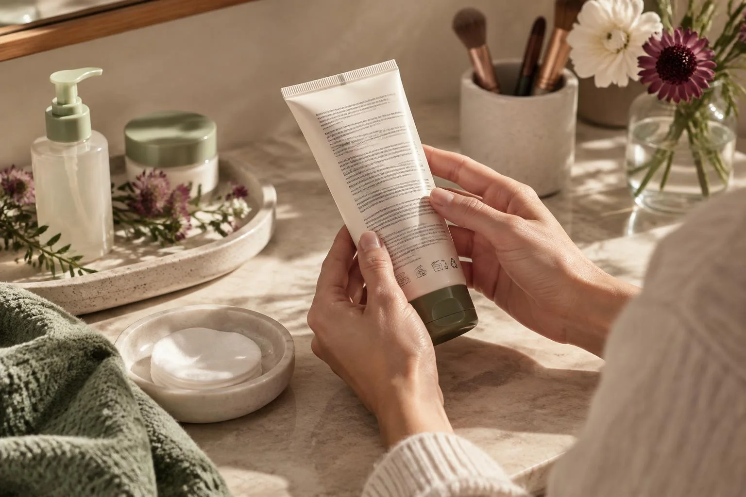 Ilustración conceptual de una persona leyendo la etiqueta de un tubo cosmético en un tocador con productos cosméticos y pinceles de maquillaje.