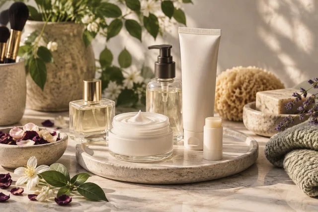 Ilustración conceptual de cosméticos en envases blancos neutros sobre una bandeja de mármol, rodeados de flores, hierbas y toallas, representando fragancia en productos cosméticos.