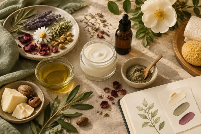 Imagen conceptual que muestra ingredientes y productos cosméticos orgánicos: crema en frasco de vidrio, aceite, polvo en cuenco de cerámica, flores secas y frescas, nueces y hojas, junto a un libro abierto con ilustraciones botánicas.