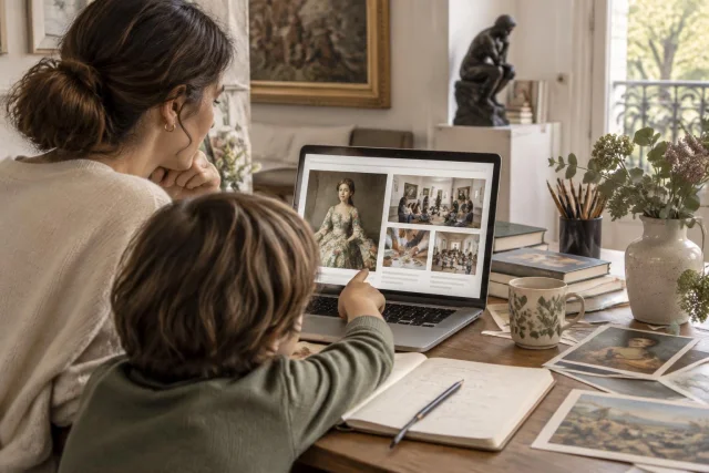 Imagen conceptual de una mujer y un niño mirando actividades educativas sobre arte en un ordenador portátil en un entorno hogareño con fotos y libros de arte alrededor.