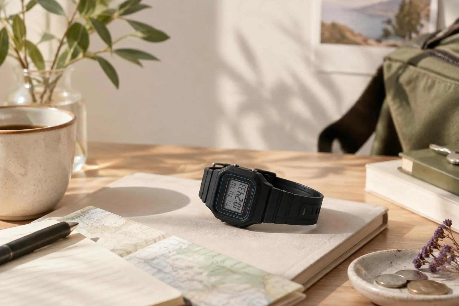 Imagen conceptual de un reloj digital CASIO F-91W-1 colocado sobre un cuaderno en una mesa de madera, con una taza, un bolígrafo, un mapa, monedas y plantas de fondo.