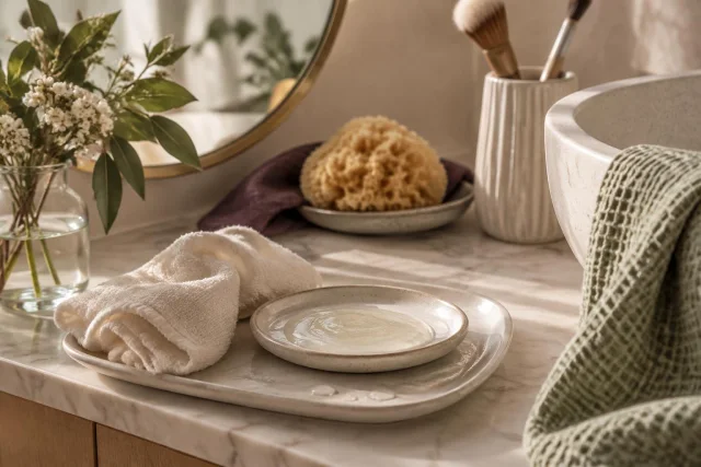 Imagen conceptual de un tocador de baño con una toalla blanca, un plato con gel claro, una esponja natural, pinceles de maquillaje, un jarrón con hojas verdes y flores blancas, un espejo redondo y un lavabo beige.