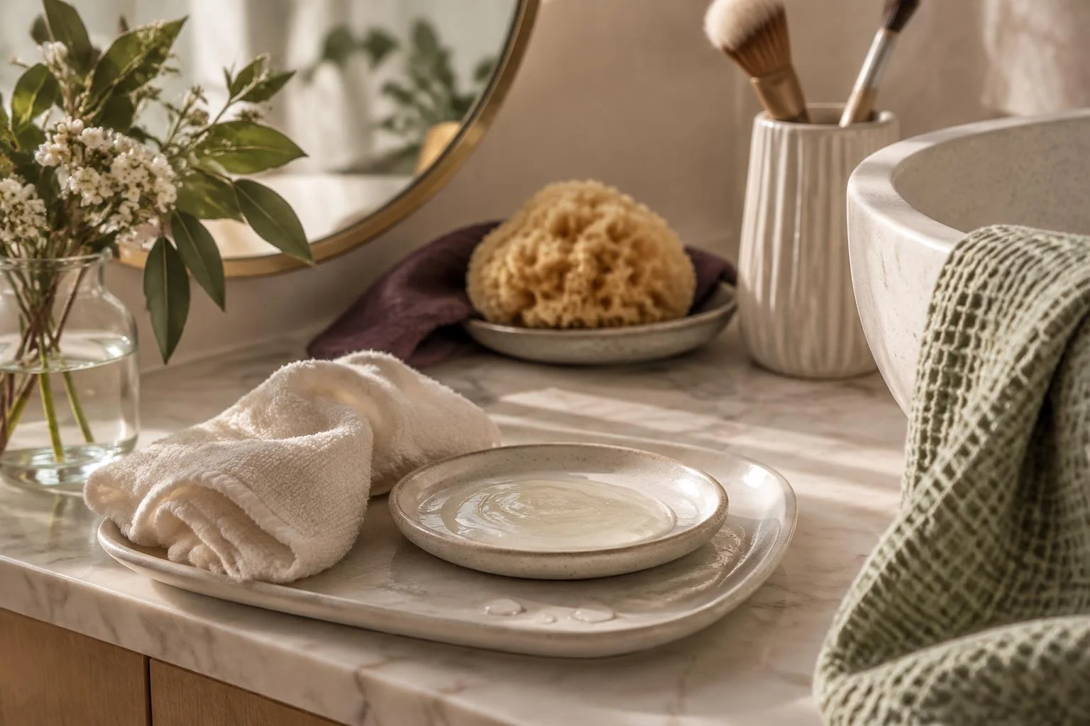 Imagem conceptual de um balcão de banheiro com uma toalha branca, um prato com gel transparente, uma esponja natural, pincéis de maquiagem, um vaso com folhas verdes e flores brancas, um espelho redondo e uma pia bege.