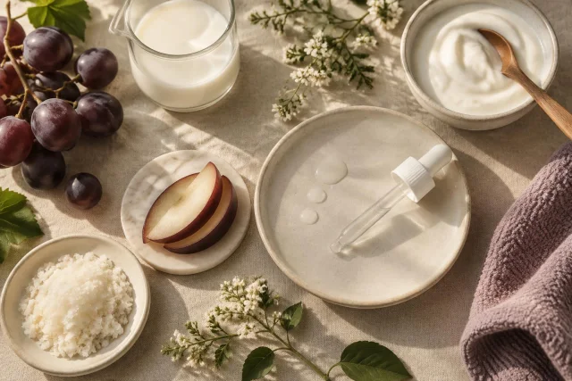 Ilustración conceptual de ingredientes relacionados con el ácido láctico, incluyendo uvas, leche, yogur, rodajas de fruta, un cuentagotas con líquido y flores sobre una tela clara.