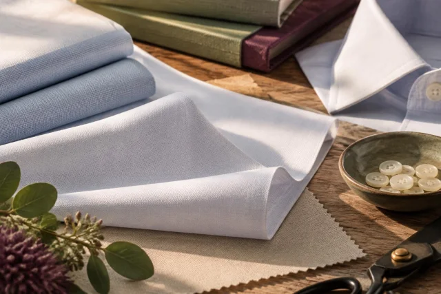 Imagen conceptual de una gama de telas dobladas en colores claros, junto a un puño de camisa blanca, botones en un cuenco y unas tijeras para sastrería sobre una mesa de madera.