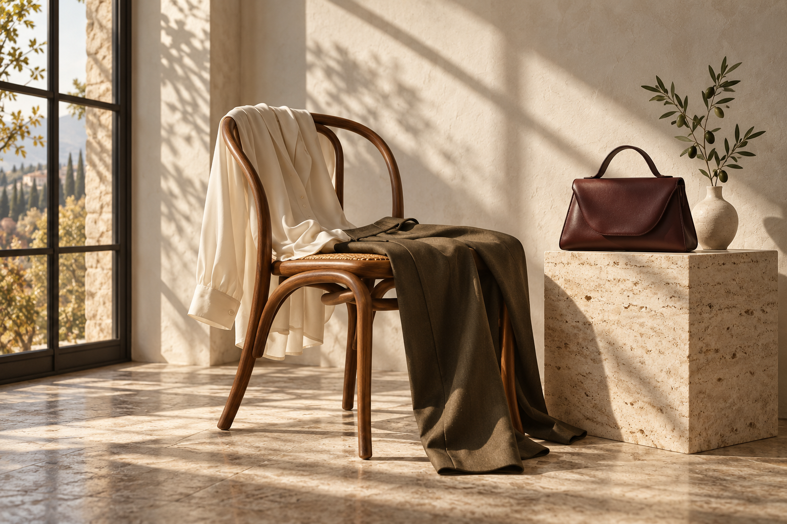 Composición conceptual de una blusa marfil, pantalón oliva y bolso ciruela junto a una silla de madera